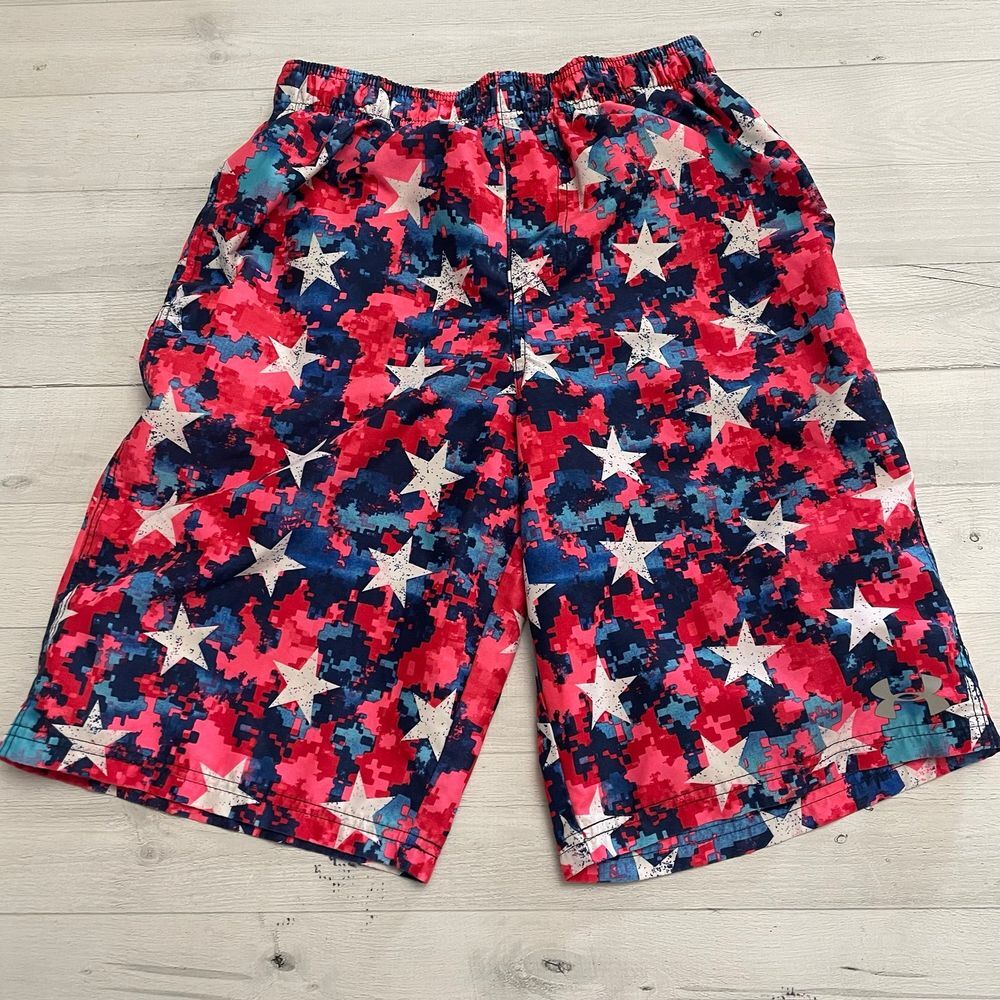 Under armour red white blue stars boys swim trunks youth XL